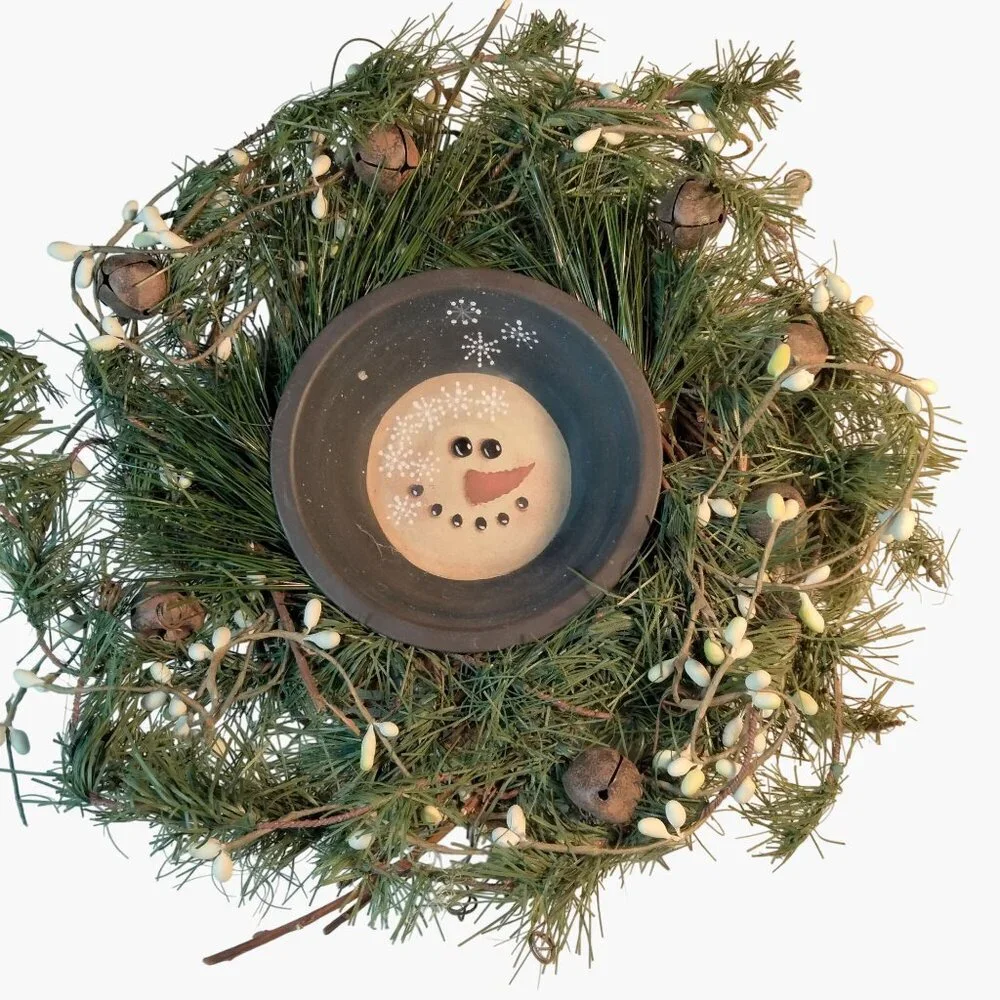 Snowman Wreath Rustic Jingle Bell Green Pine White Berry Handcrafted Centerpiece